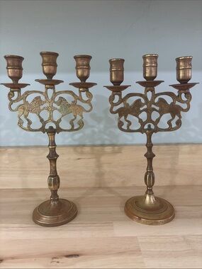 Vintage Brass Menorah Shabbat Candelabra, 3 Arms, King Lions, Candle Holder